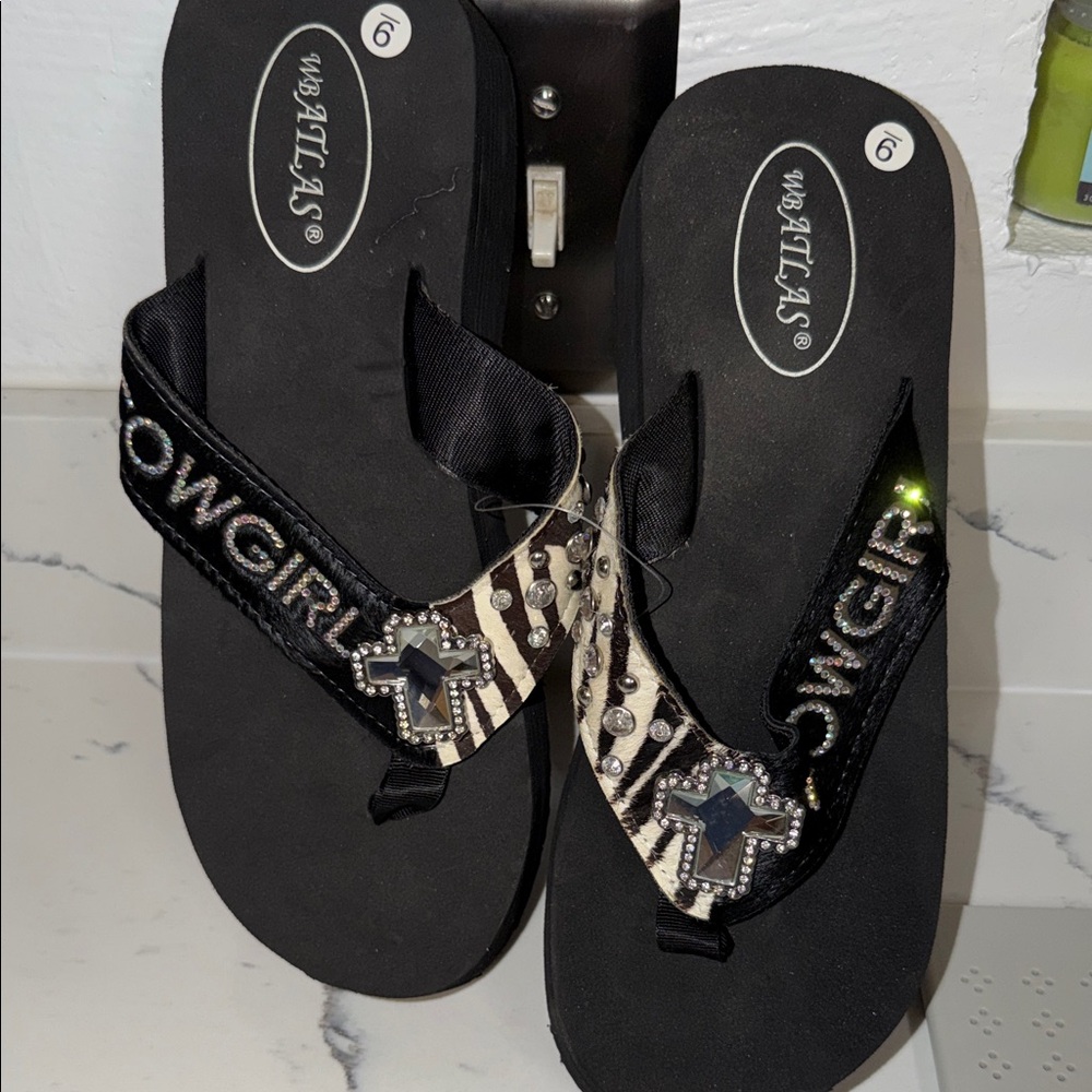 Cowgirl Embellished Black Flip Flops with Zebra Accent